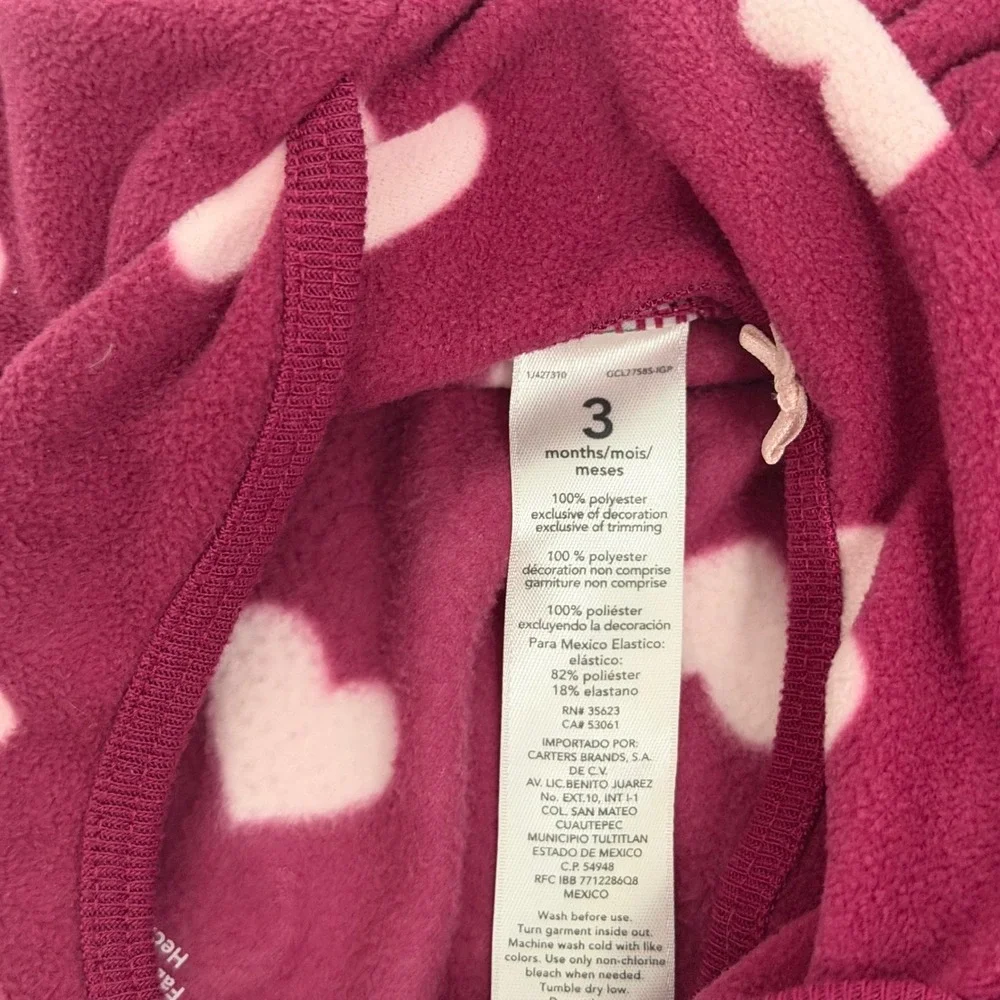 Carters Baby Girl 3M Fleece Sleep Sack Gown Burgundy Pink Heart Long Sleeve